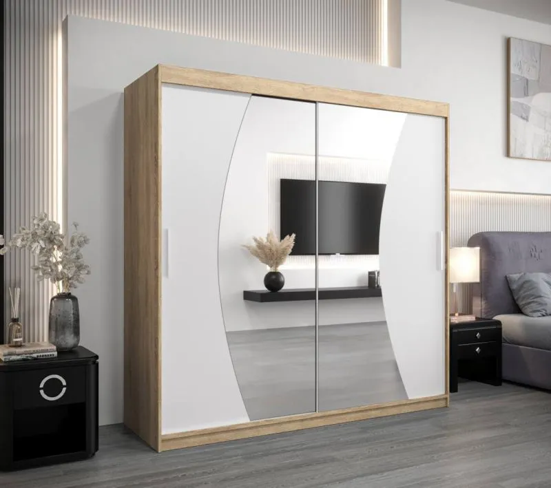 2 Meter breiter Kleiderschrank mit 2 Türen | Farbe: Sonoma Eiche / Weiß Abbildung