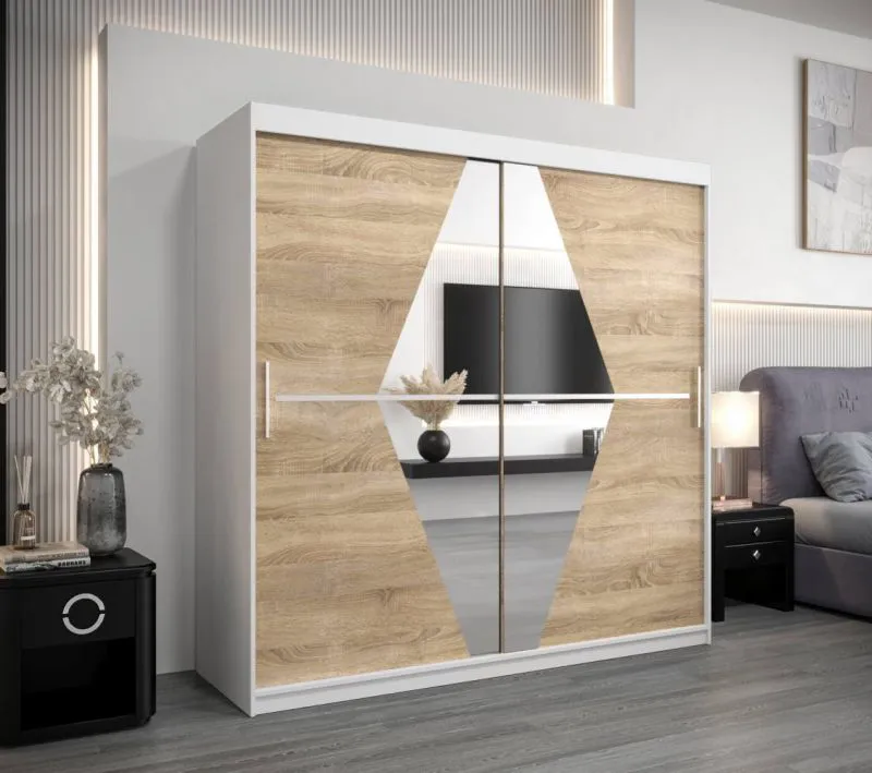 2 Meter breiter Kleiderschrank mit 2 Türen | Farbe: Sonoma Eiche / Weiß Abbildung