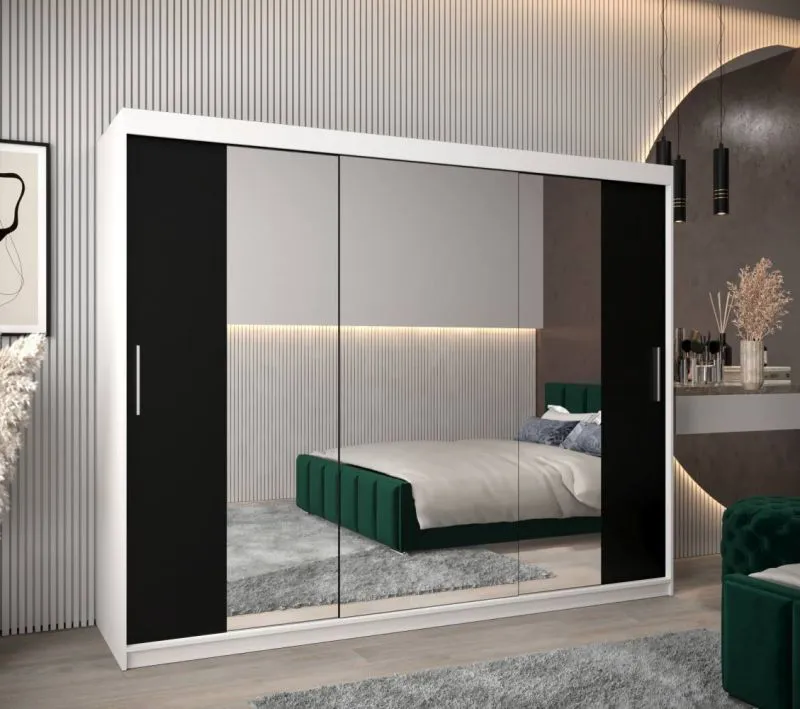 Großer 250 cm breiter Kleiderschrank mit 10 Fächern und 3 Türen | Farbe: Weiß / Schwarz Abbildung