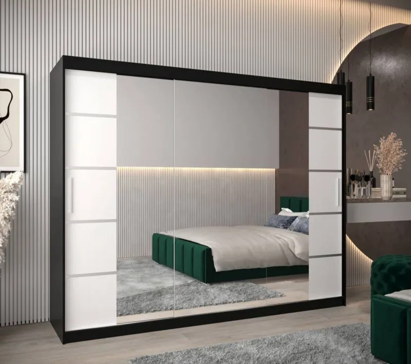 Großer 250 cm breiter Kleiderschrank mit 3 Türen | 10 Fächer | Farbe: Weiß / Schwarz Abbildung