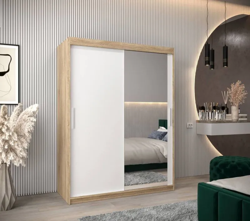 150 cm breiter Schiebetürenschrank mit 2 Türen | 5 Fächer | 2 Kleiderstangen | Farbe: Sonoma Eiche / Weiß Abbildung