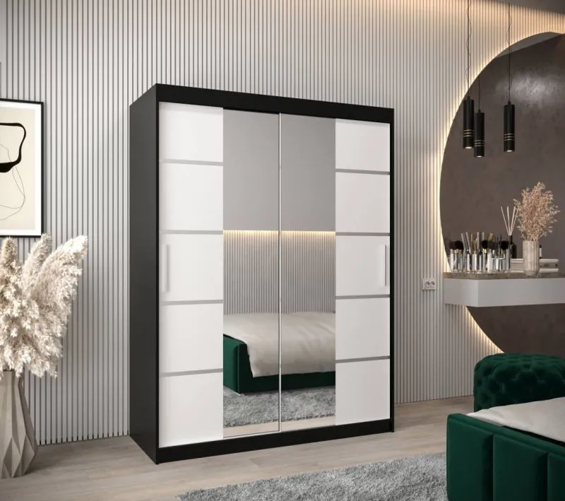 150 cm breiter Schiebetürenschrank mit 5 Fächern und 2 Türen | Farbe: Weiß / Schwarz | Laminiert Abbildung