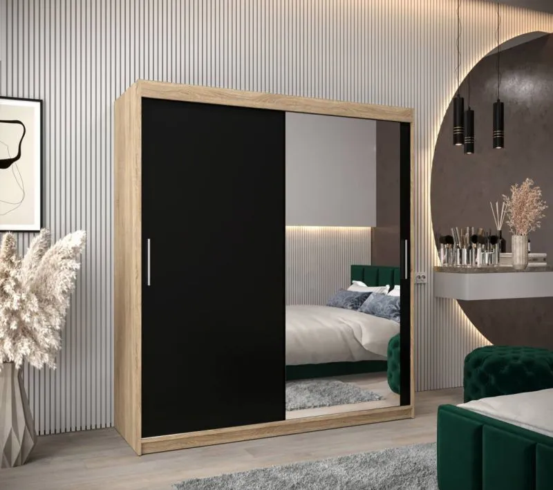180 cm breiter Schiebetürenschrank mit 2 Türen | 10 Fächer | 2 Kleiderstangen | Farbe: Sonoma Eiche Abbildung