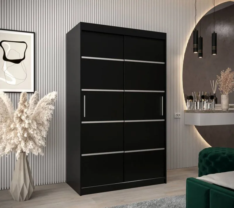 120 cm breiter Schiebetürenschrank mit 2 Türen | 5 Fächer | 2 Kleiderstangen | Farbe: Schwarz Abbildung