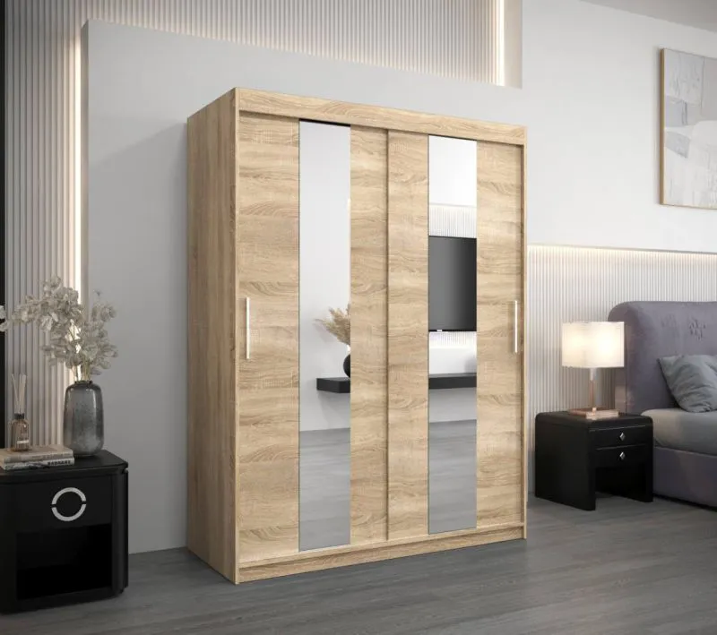150 cm breiter Schiebetürenschrank mit 5 Fächern und 2 Türen | Farbe: Sonoma Eiche | Laminiert Abbildung