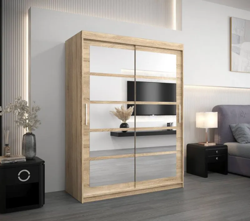 150 cm breiter Schiebetürenschrank mit 2 Türen | 5 Fächer | 2 Kleiderstangen | Farbe: Sonoma Eiche Abbildung