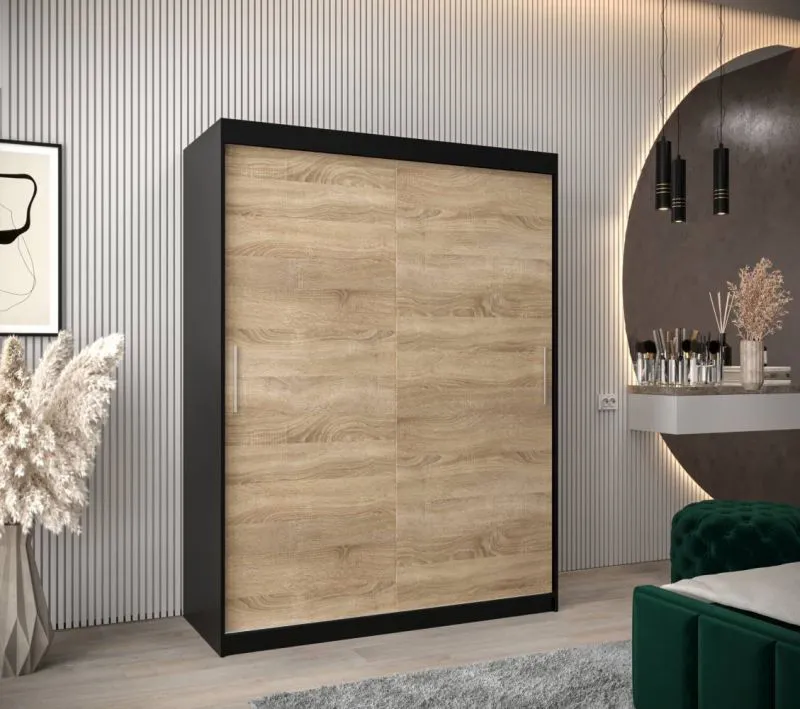 150 cm breiter Schiebetürenschrank mit 2 Türen | 5 Fächer | 2 Kleiderstangen | Farbe: Schwarz Abbildung