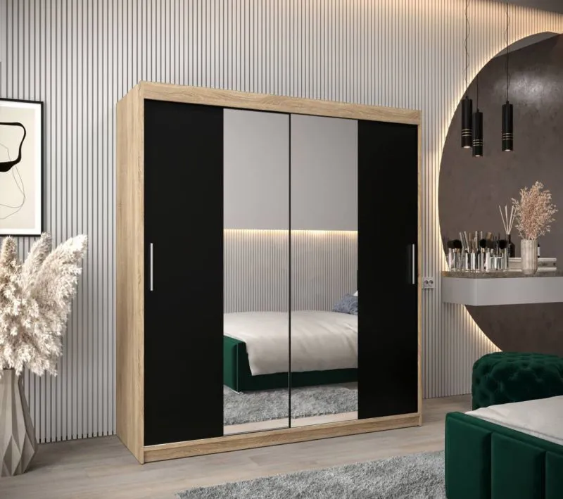 180 cm breiter Schiebetürenschrank mit 2 Türen | 10 Fächer | 2 Kleiderstangen | Farbe: Sonoma Eiche Abbildung