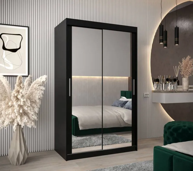 120 cm breiter Schiebetürenschrank mit 2 Türen | 5 Fächer | 2 Kleiderstangen | Farbe: Schwarz Abbildung