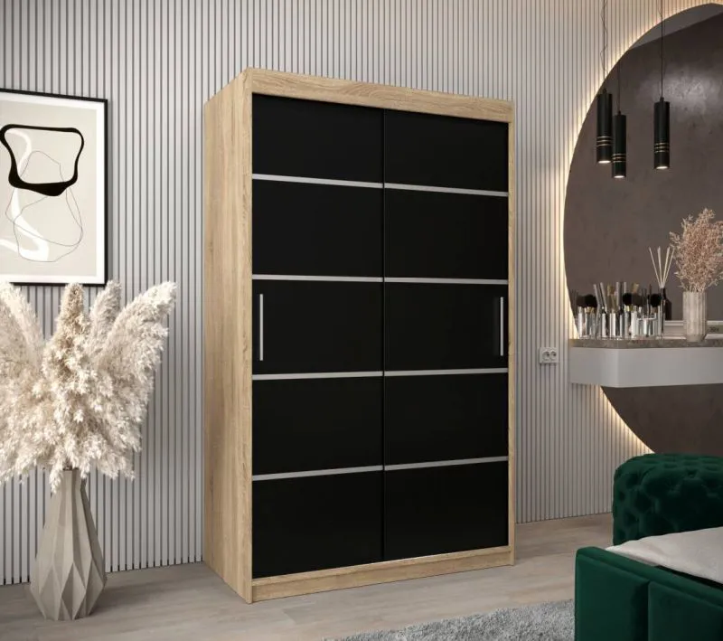 120 cm breiter Schiebetürenschrank mit 2 Türen | 5 Fächer | 2 Kleiderstangen | Farbe: Sonoma Eiche Abbildung