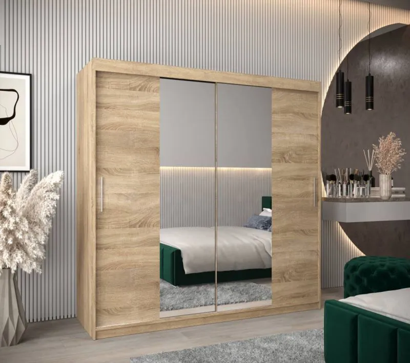 200 cm breiter Schiebetürenschrank mit 2 Türen | 10 Fächer | 2 Kleiderstangen | Farbe: Sonoma Eiche Abbildung