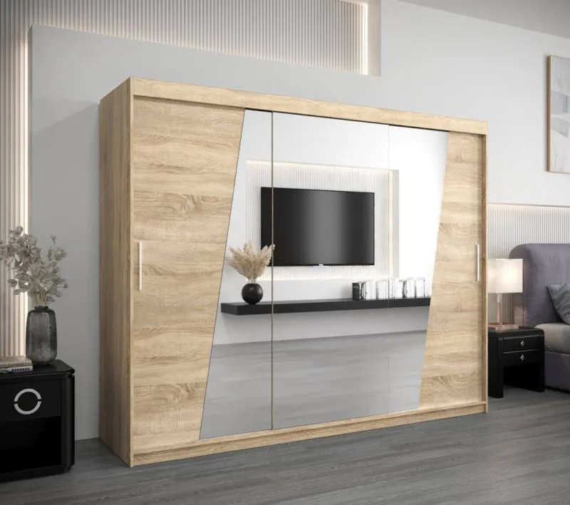 250 cm breiter Schiebetürenschrank mit 3 Türen | 10 Fächer | 2 Kleiderstangen | Farbe: Sonoma Eiche Abbildung