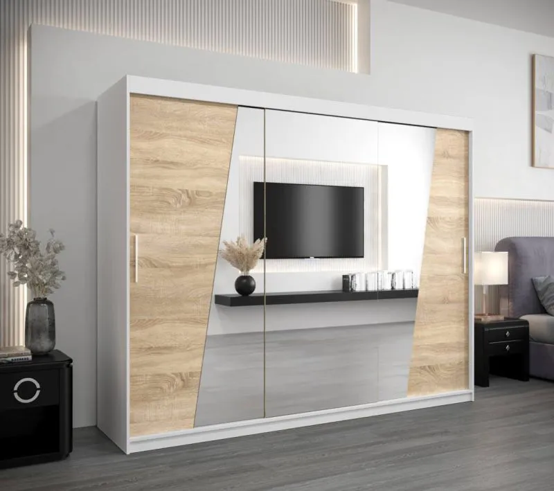 250 cm breiter Schiebetürenschrank mit 3 Türen | 10 Fächer | 2 Kleiderstangen | Farbe: Sonoma Eiche / Weiß Abbildung