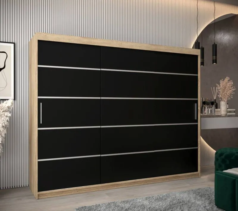 250 cm breiter Schiebetürenschrank mit 3 Türen | 10 Fächer | 2 Kleiderstangen | Farbe: Sonoma Eiche Abbildung