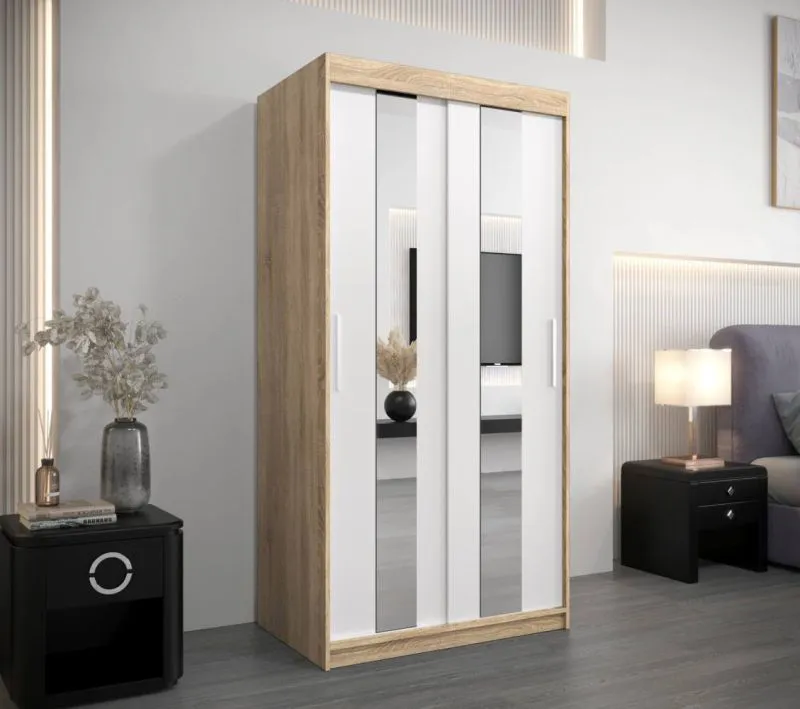 100 cm breiter Schiebetürenschrank mit 5 Fächern und 2 Türen | Farbe: Sonoma Eiche / Weiß | Laminiert Abbildung