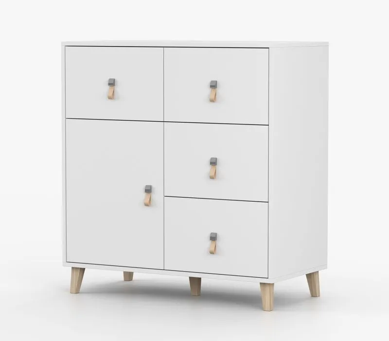 Kommode | Weiß | Taygetos 02 | 96 x 90 x 45 cm | 4 Schubladen | 1 Fach | Ledergriffe | Holzbeine 14 cm hoch | Einfarbig | skandinavischer Stil