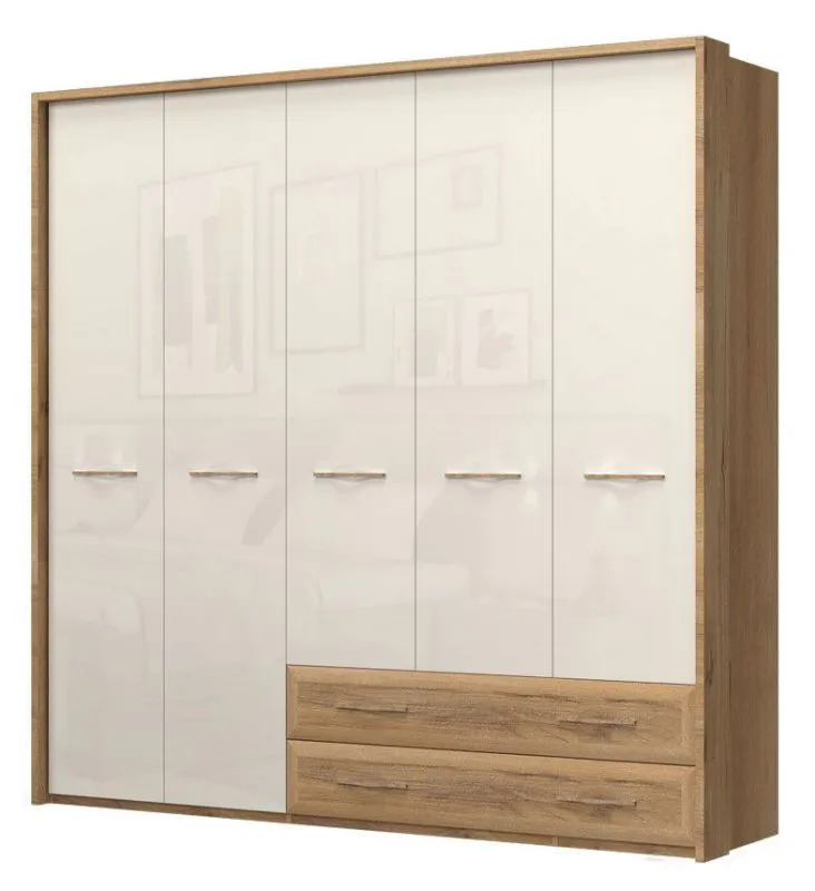 Großer 272 cm breiter Kleiderschrank mit 5 Türen, 5 Fächern und 2 Schubladen | Farbe: Beige | Tiefe: 56 cm Abbildung