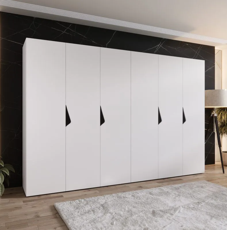 Drehtürenschrank / Kleiderschrank | Farbe: Weiß | 3 Meter breit | 6-Türig | Griffe: Schwarz | 4 Fächer | Maße: 300 x 52 x 202 cm | 4 Kleiderstangen