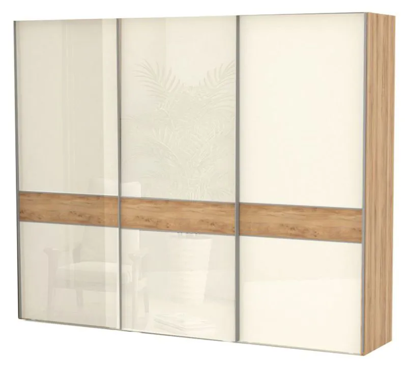 272 cm breiter Schiebetürenschrank mit 3 Türen | 9 Fächer | 3 Kleiderstangen | Farbe: Beige Abbildung