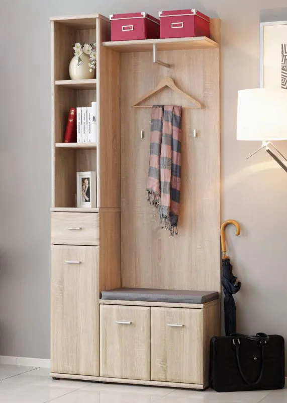 Moderne Garderobe mit Sitzkissen Bratteli 02, Farbe: Eiche Sonoma - Abmessungen: 203 x 90 x 32 cm (H x B x T), mit genügend Stauraum