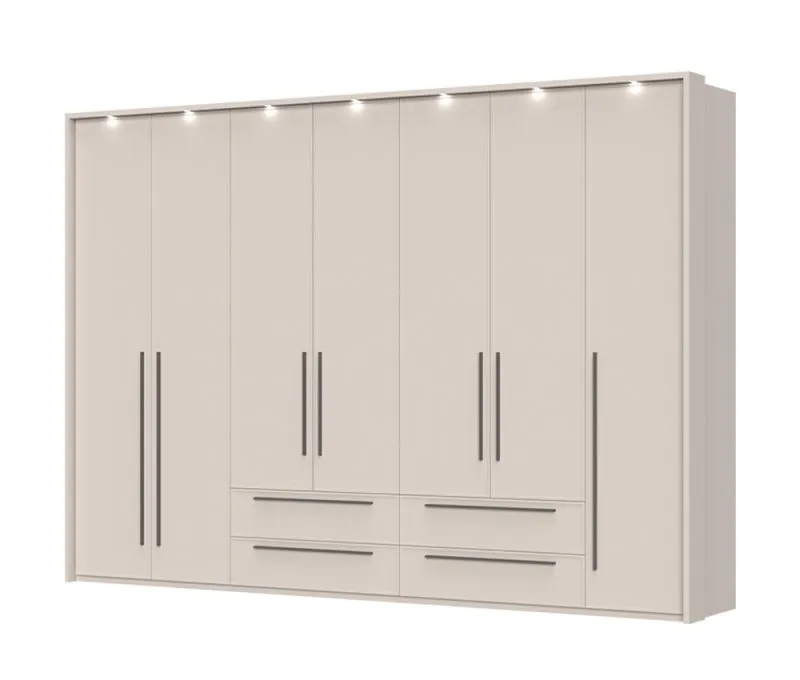Moderner Kleiderschrank mit sieben Türen Neiafu 83, vier Schubladen, LED-Rahmen, vier Kleiderstangen, Soft-Close-Funktion, Maße: 226 x 322 x 60 cm