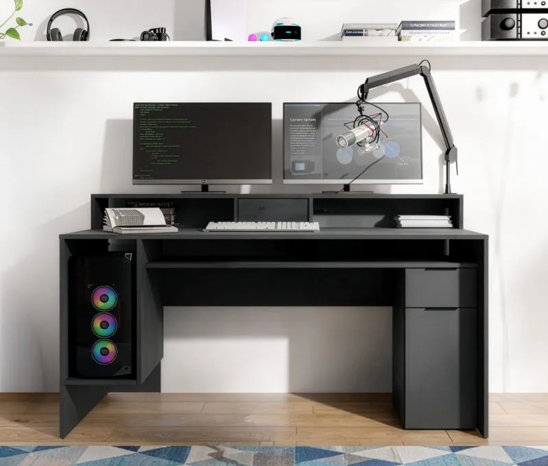 Schreibtisch mit viel Stauraum | 160 x 70 x 91,5 cm | Ergonomisch | Graphitgrau | 6 Fächer | Kissamos 02 | mit Bildschirmerhöhung