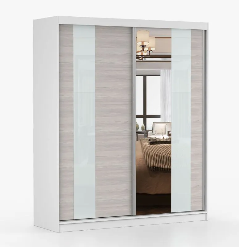 1,8 Meter breiter Schiebetürenschrank / Kleiderschrank mit Spiegel Grau-Weiß / Weiß | Gorski 05 | 218 x 183 x 61 cm | 2 Türen | 6 Fächer | Zweifarbig