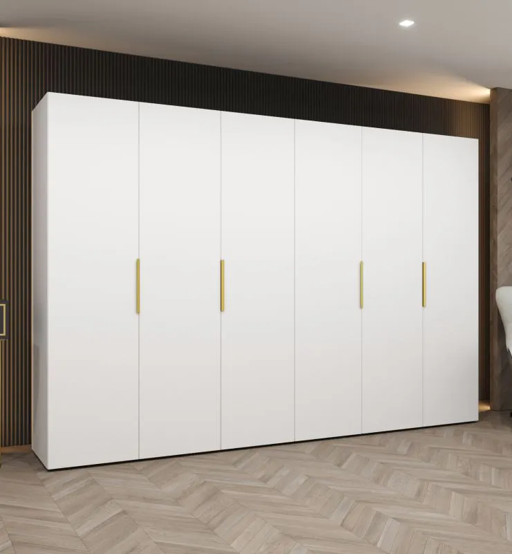 Kleiderschrank mit sechs Türen Korab 49, Farbe: Weiß, 3 Meter breit, Drehtürenschrank, vier Fächer, Griffe: Gold, vier Kleiderstangen, Soft-Close-Funktion