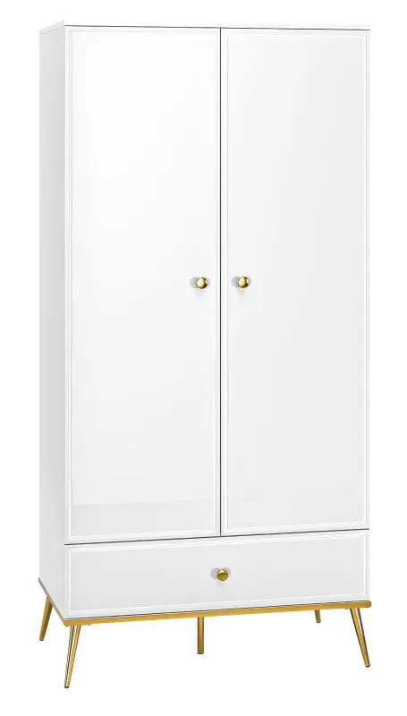 Kleiderschrank mit viel Stauraum Roanoke 01, Farbe: Weiß / Weiß Glanz - Abmessungen: 190 x 92 x 53 cm (H x B x T), mit 2 Türen, 1 Schublade und 1 Fach