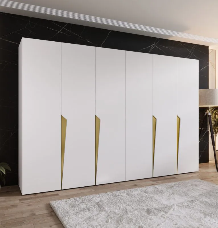 Drehtürenschrank / Kleiderschrank | Farbe: Weiß | 4 Fächer | 3 Meter breit | Griffe: Gold | 4 Kleiderstangen | Soft-Close-Funktion | Maße: 300 x 52 x 202 cm