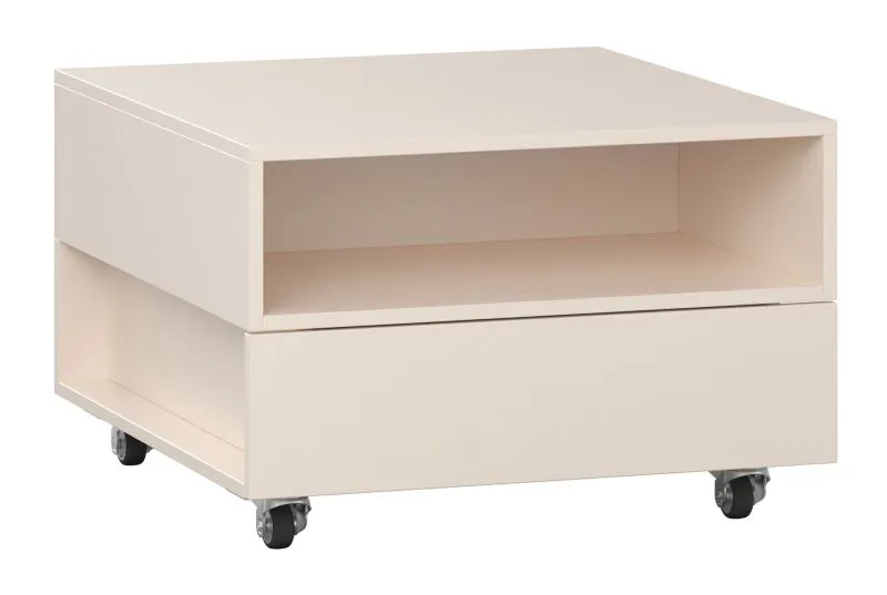 Couchtisch auf vier Rollen | 1 offenes Fach | 1 Schublade | Farbe: Beige | Soft-Close-Funktion | Push-to-open Funktion | für Wohnzimmer