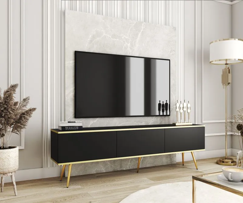 Langer TV-Unterschrank / TV-Board mit drei Kippfächer Horsham 50, Farbe: Schwarz, Push-to-open Funktion, ABS-Kantenschutz, Beine: Gold, für Wohnzimmer