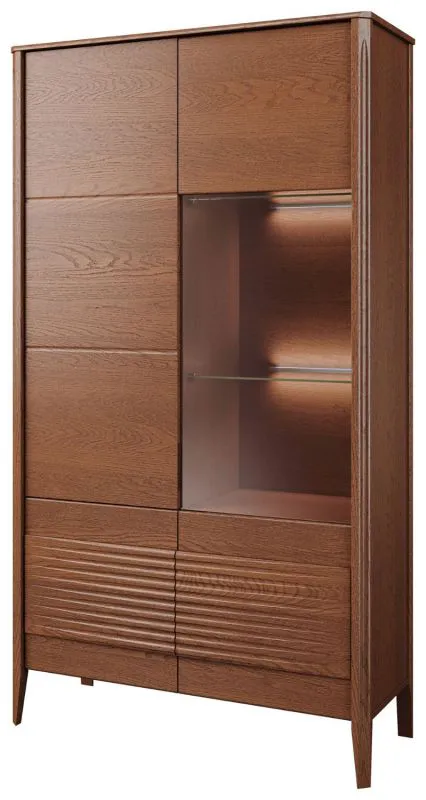 Vitrine mit Glastür rechts Gorica 02, in Eiche Rustikal, mit LED-Beleuchtung und Soft Close System, 201 x 111 x 45 cm, teilmassiv, Antisol-Glas Bronze