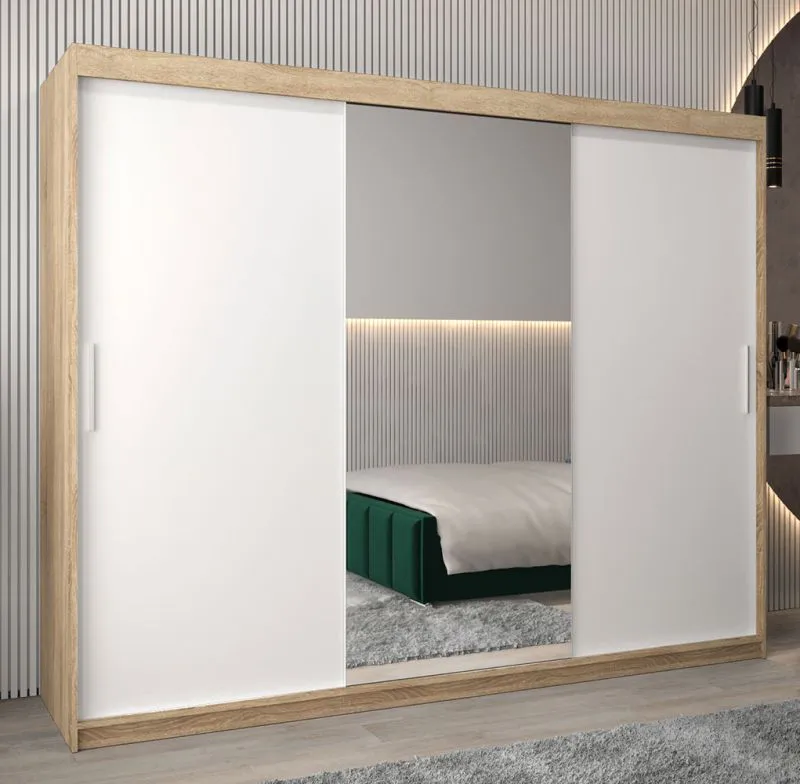 Schiebetürenschrank / Kleiderschrank Bisaurin 6B mit Spiegel, Farbe: Eiche Sonoma / Weiß matt - Abmessungen: 200 x 250 x 62 cm ( H x B x T)
