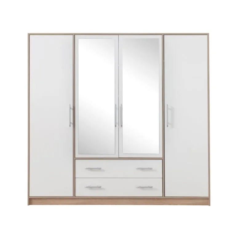 2 Meter breiter Kleiderschrank mit 4 Türen, 8 Fächern und 2 Schubladen | Farbe: Weiß | Tiefe: 56 cm Abbildung