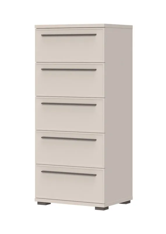Hohe Kommode mit fünf Schubladen Neiafu 97, Farbe: Kaschmir, verstellbare Füße, Soft-Close-Funktion, Maße: 135 x 60 x 45 cm, sehr robust