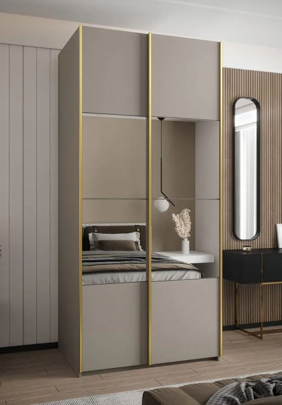 Kleiderschrank / Schiebetürenschrank | 2 Schiebetüren | 245,5 x 110 x 64 cm | Soft-Close | Spiegel | 6 Fächer | 2 Kleiderstangen | Farbe: Kaschmir