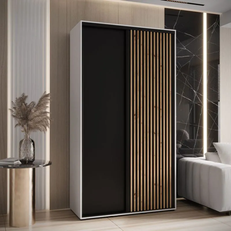 Platzsparender Kleiderschrank Mina mit Schiebetüren in Weiß/Schwarz gehalten, Anti Staubbürsten enthalten, viel Stauraum, 235,2 x 130 x 60 cm, modern