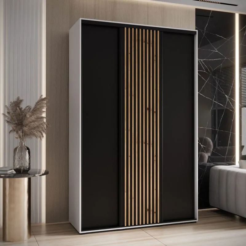 Schiebetürenschrank Mina in Schwarz/Weiß, 235,2 x 150 x 60 cm, Front aus laminierter Platte, Anti Staubbürsten, schwarze Metallgriffe, platzsparend