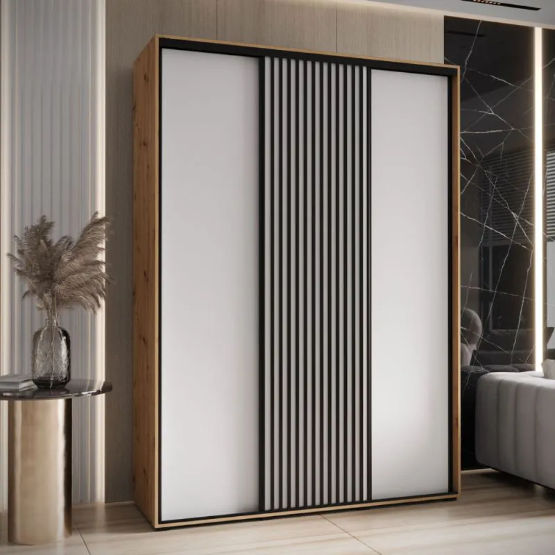 Schiebetürenschrank Mina in Weiß/Eiche, Front aus laminierter Platte, Anti Staubbürsten, Schwarze Lamellen, schwarzer Stahlgriff, 235,2 x 170 x 60 cm