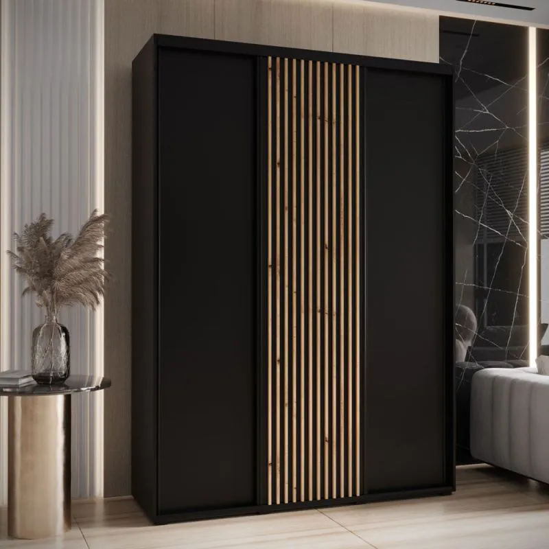 Schwarzer Schiebetürenschrank Mina, modernes Design, schwarze Metallgriffe, inklusive Anti-Staubbürsten, platzsparend, viel Stauraum, 235,2 x 180 x 60 cm