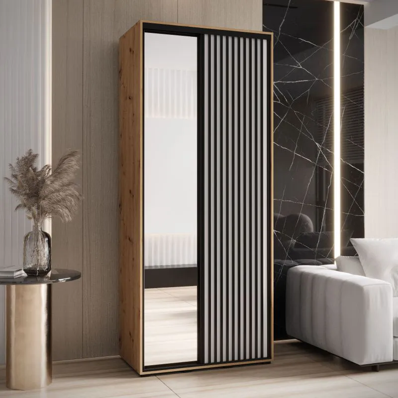 Schiebetürenschrank Mina mit Spiegel in Weiß/Eiche, Front aus laminierter Platte,  Anti Staubbürsten, Metallgriffe in schwarz, 235,2 x 100 x 60 cm