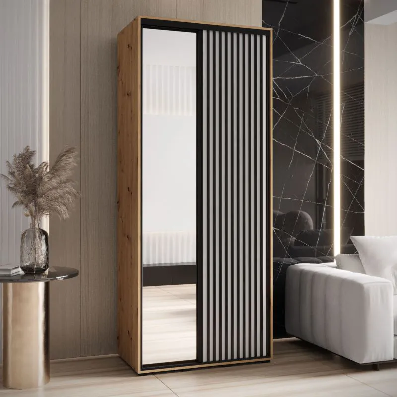Kleiderschrank mit Spiegel Mina in Weiß/Eiche, auch für Wohnzimmer geeignet, Anti Staubbürsten, Metallgriff in schwarz, 235,2 x 120 x 60 cm, Einlegeböden
