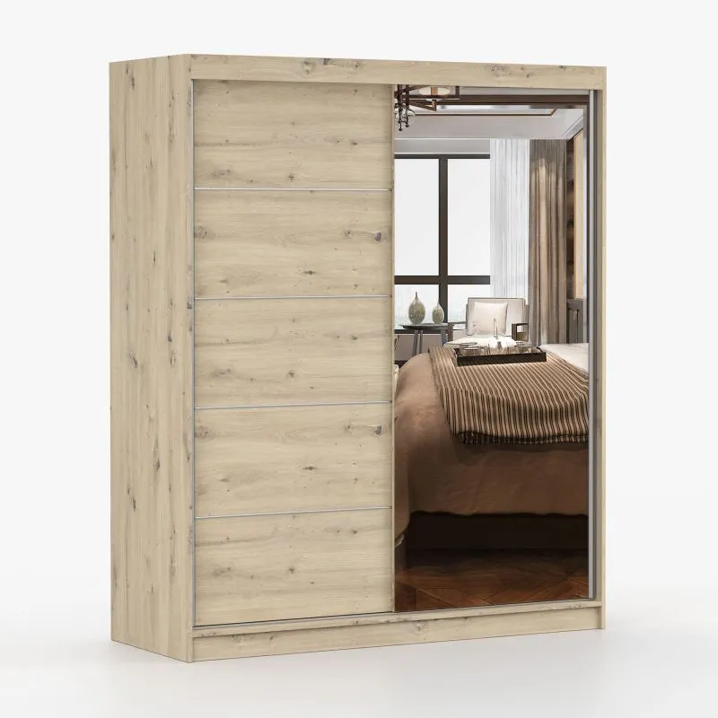 1,6 Meter breiter Kleiderschrank / Schiebetürenschrank mit Spiegel | Artisan | Galtee 10 | 195 x 160 x 61 cm | 2 Türen | 6 Fächer |  Einfarbig