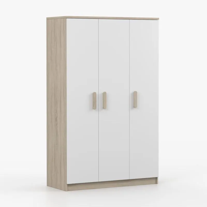 Kleiderschrank / Drehtürenschrank | 192 x 120 x 50 cm | 9 Fächer | Kleiderstange | runde Holzgriffe |Weiß / Sonoma Eiche | Smolikas 106 | 3 Türen