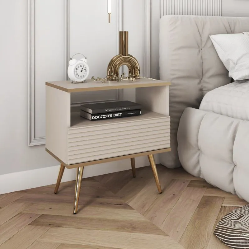 Nachtkommode | Nachttisch | Horsham 90 | Beige / Gold Akzente | 1 Schublade | 1 Fach | Push-to-open Funktion | Zweifarbig | minimalistischer Stil