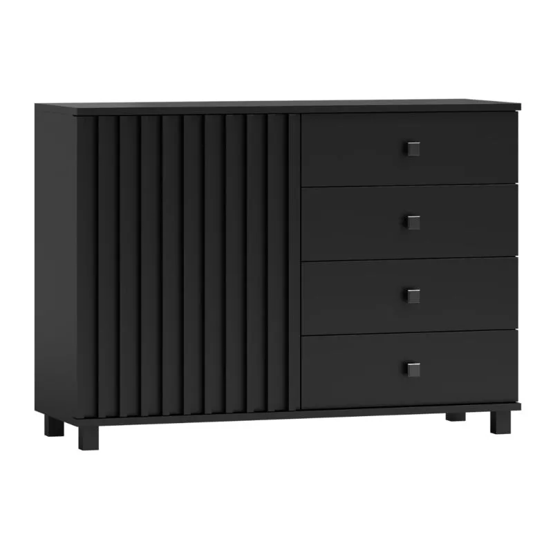 Schwarze Kommode mit Lamellenfronten, 80 x 116 x 40 cm, mit 1 Tür, 4 Schubladen und 2 Fächern, Soft Close System, Metallgriffe