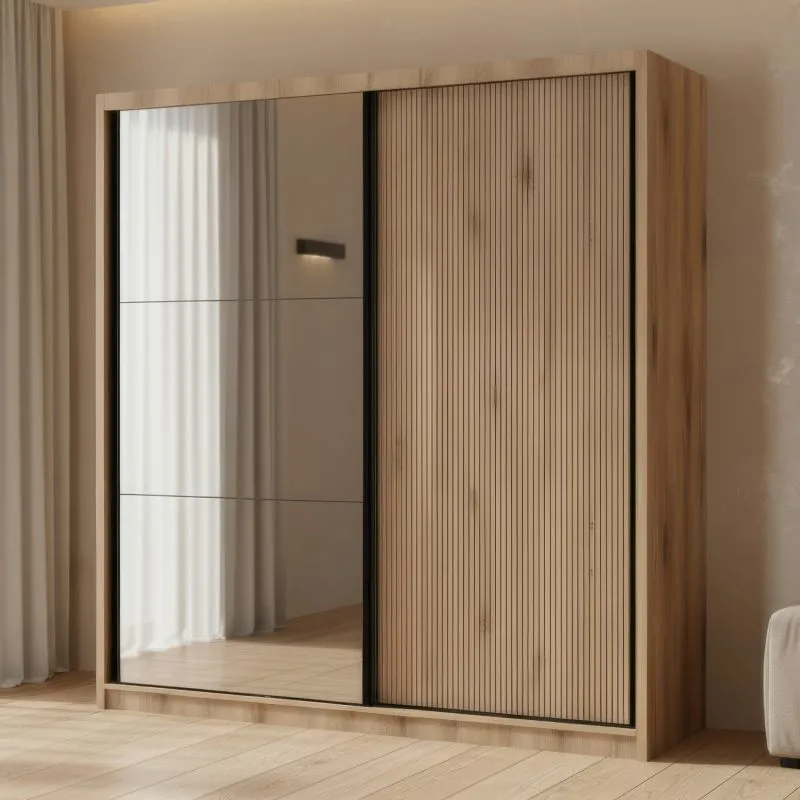 Kleiderschrank / Schiebeürenschrank | 1 Kleiderstange | 200 x 49 x 215 cm | Eiche Canella | 6 Fächer | 5 Einlegeböden | 2 Türen