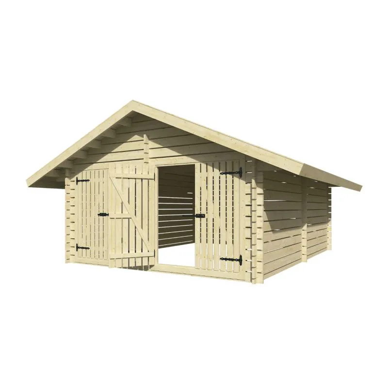 Holzschuppen / Gerätehaus mit zwei Doppeltüren, inkl. Fußboden, aus Kiefernholz, gehobelt, 40 mm Blockbohlenhaus, Grundfläche: 17,47 m², Satteldach, Außenmaße: 418 x 418 cm