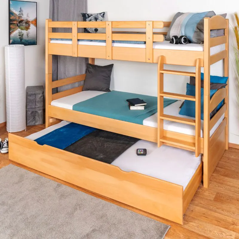 90 x 200 cm Etagenbett inkl. Ausziehbett für 3. Liegeplatz 90 x 190 cm (Bettkasten/Stauraum) | Massivholz: Buche | Natur Lackiert | umbaubar in zwei Einzelbetten | Premium-Qualität | inkl. Rollroste Abbildung